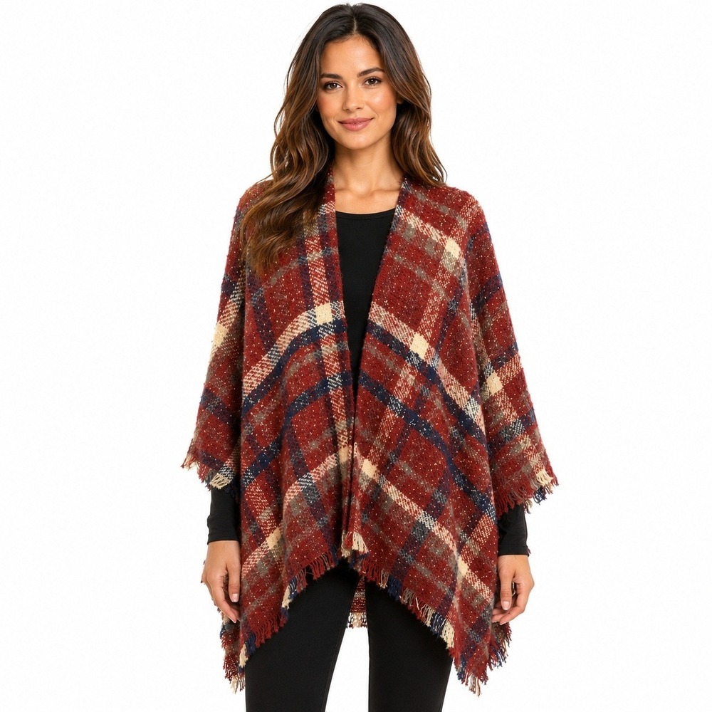 NWTBMarcus Adler New York Plaid Poncho Fringe Faux Cashmere Shawl Open Front OS